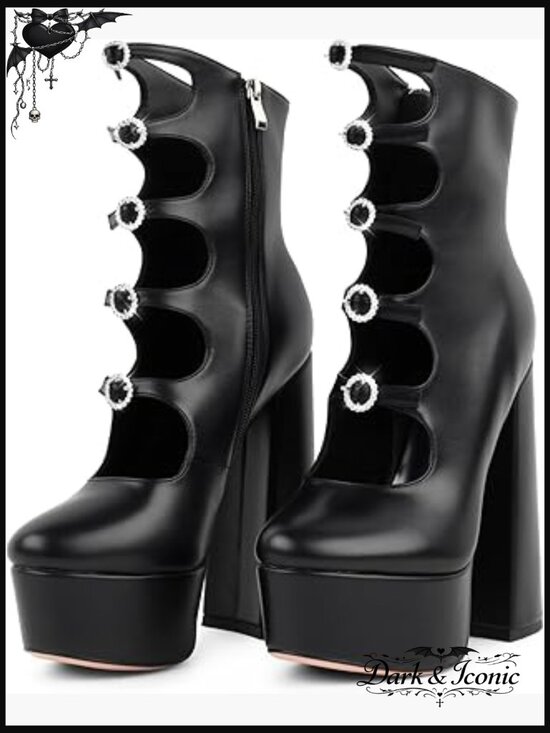 Shoes - Platform Ankle Boots with Rhinestone Buckle, Chunky Heel, Side Zipper